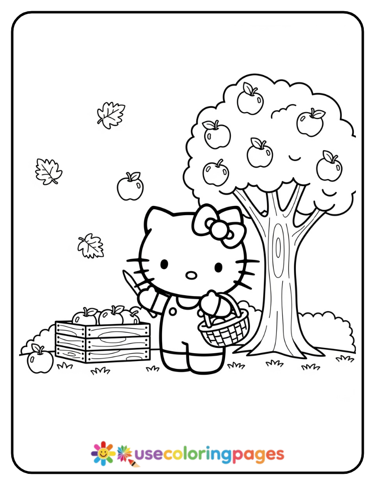 Hello Kitty Picking Apples in Fall Coloring Page