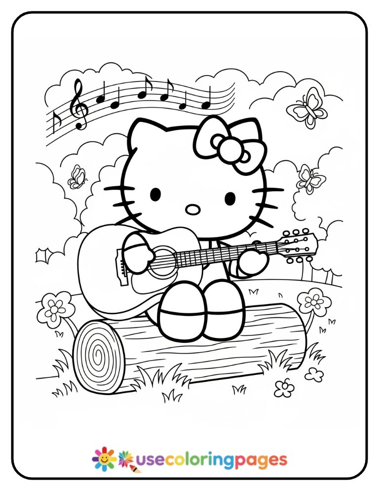 Hello Kitty Playing Gentle Guitar Coloring Page