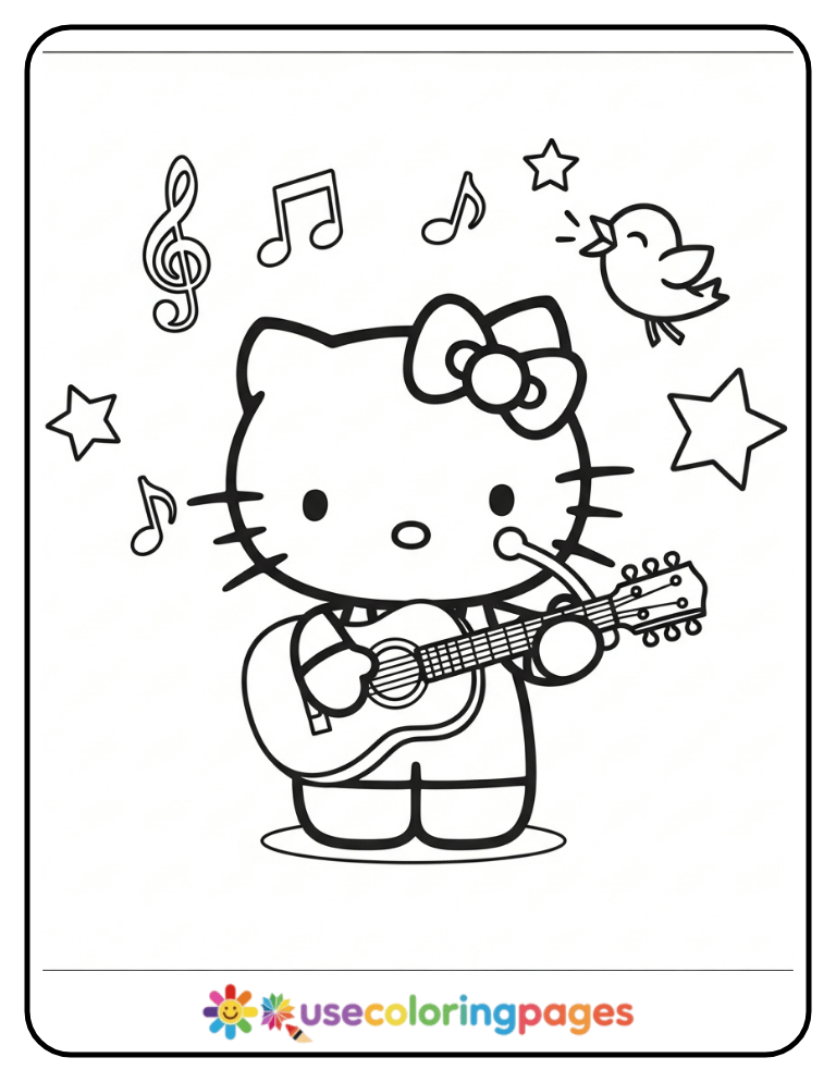 Hello Kitty Playing Guitar Coloring Page