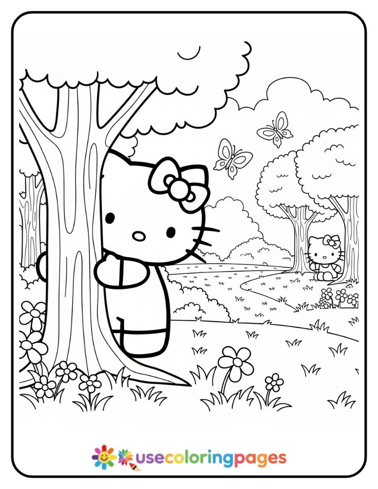 Hello Kitty Playing Hide And Seek Coloring Page