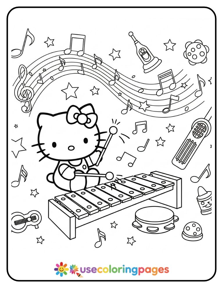 Hello Kitty Playing Music With Xylophone Coloring Page