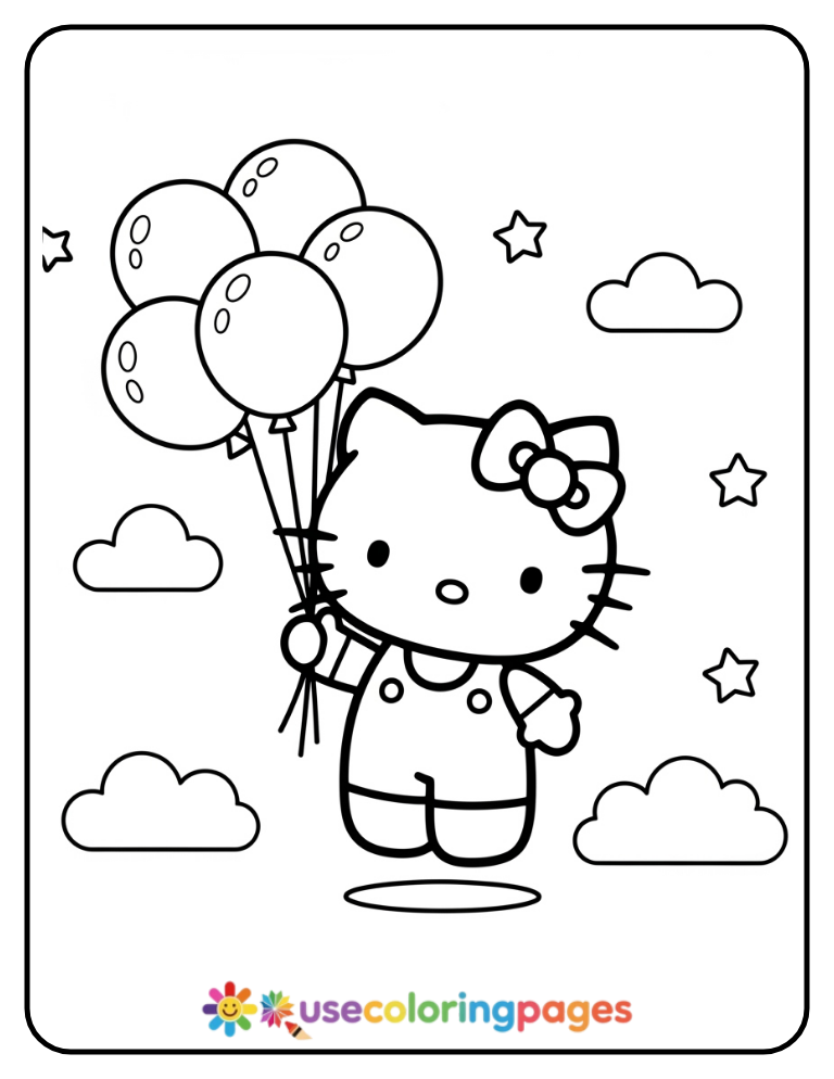 Hello Kitty Playing With Balloons Coloring Page For Kids