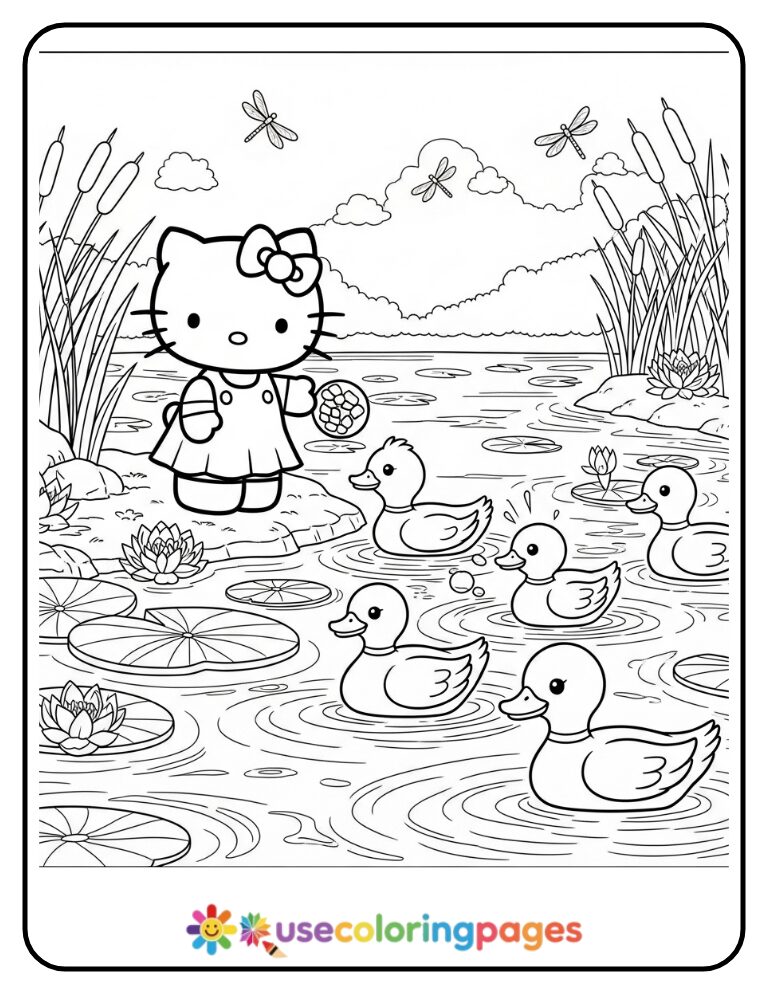 Hello Kitty Playing With Ducks Near Pond Coloring Page