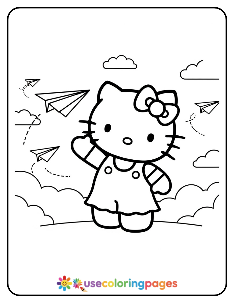 Hello Kitty Playing with Paper Airplanes Coloring Page For Kids