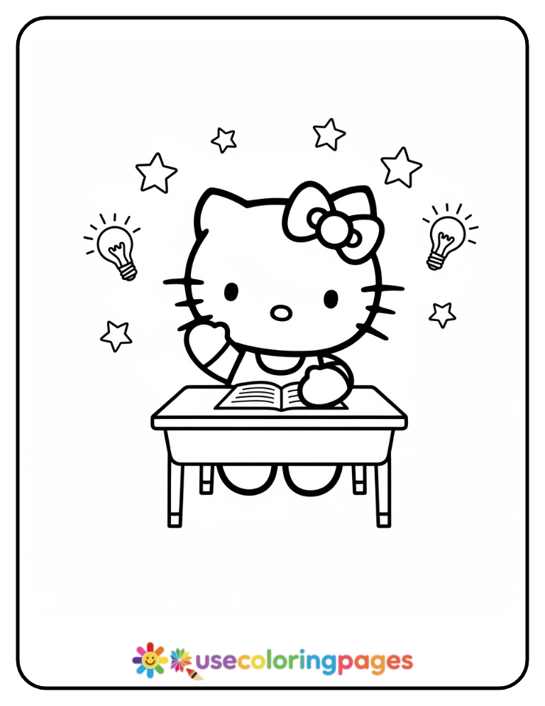 Hello Kitty Raising Hand In Class Coloring Page