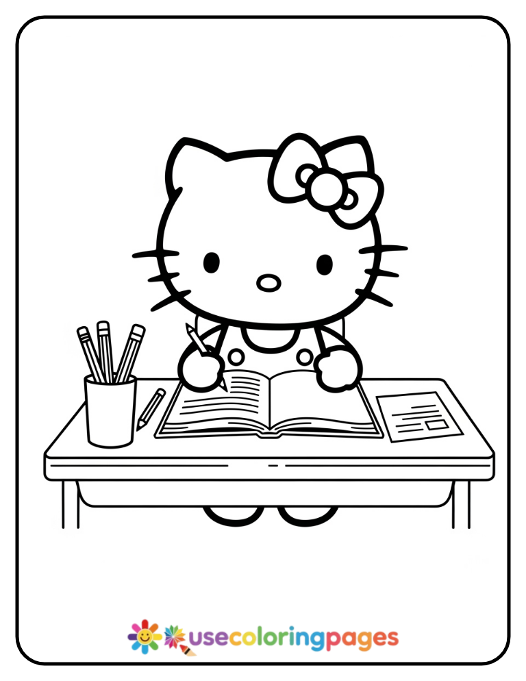 Hello Kitty Reading A Book At Desk Coloring Page