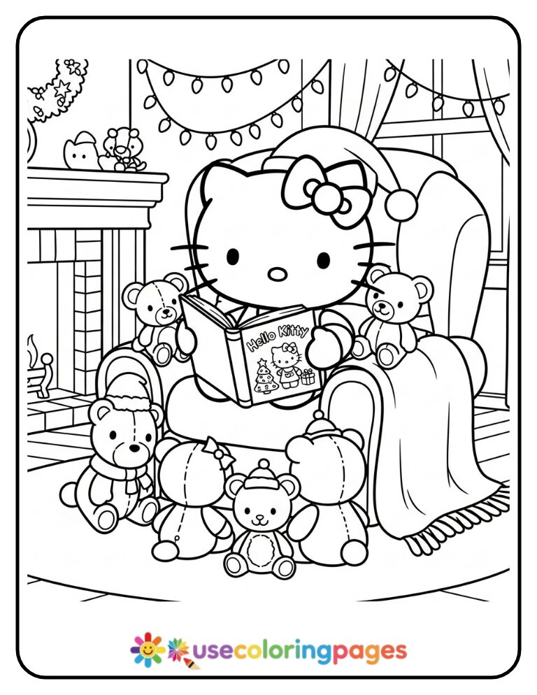 Hello Kitty Reading Christmas Story Coloring Page