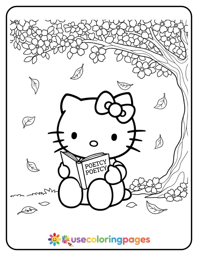 Hello Kitty Reading Poetry Coloring Page