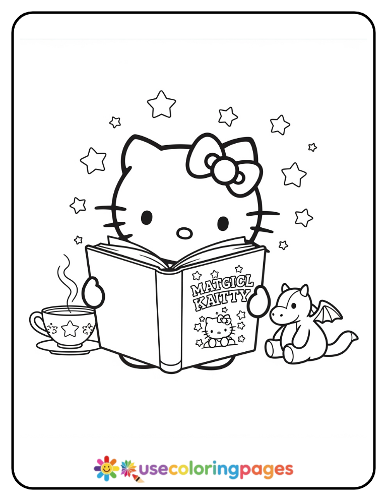Hello Kitty Reading a Magical Book Coloring Page