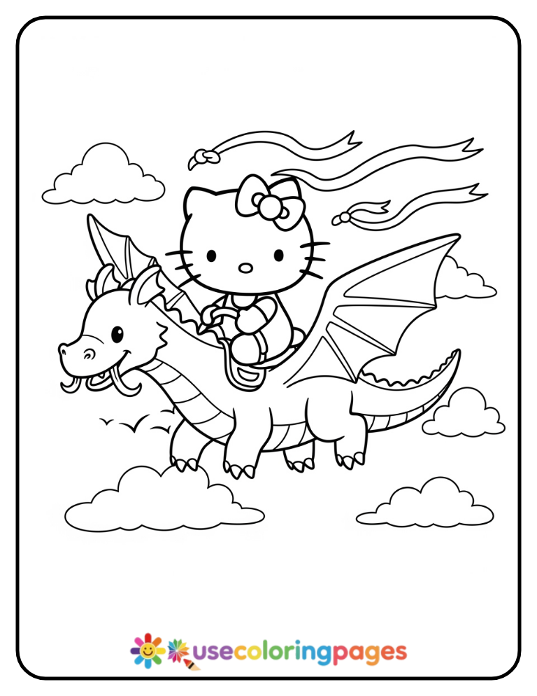 Hello Kitty Riding A Flying Dragon Coloring Page