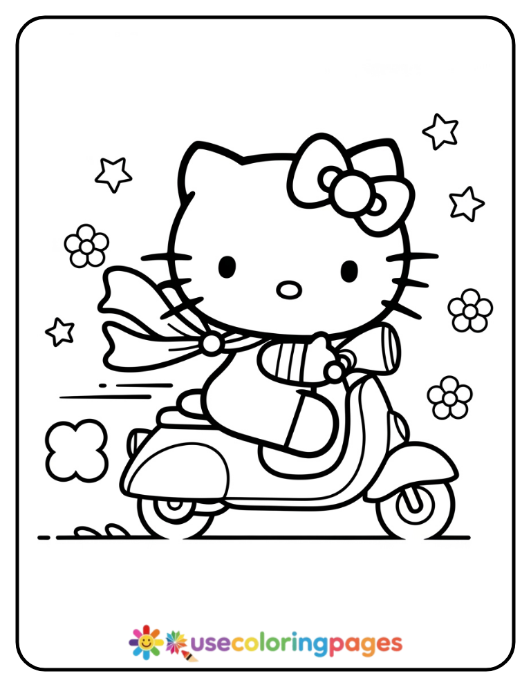 Hello Kitty Riding A Scooter Coloring Page For Kids