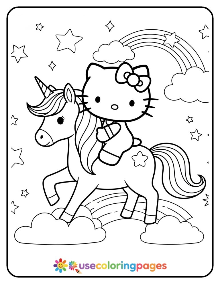 Hello Kitty Riding A Unicorn Coloring Page