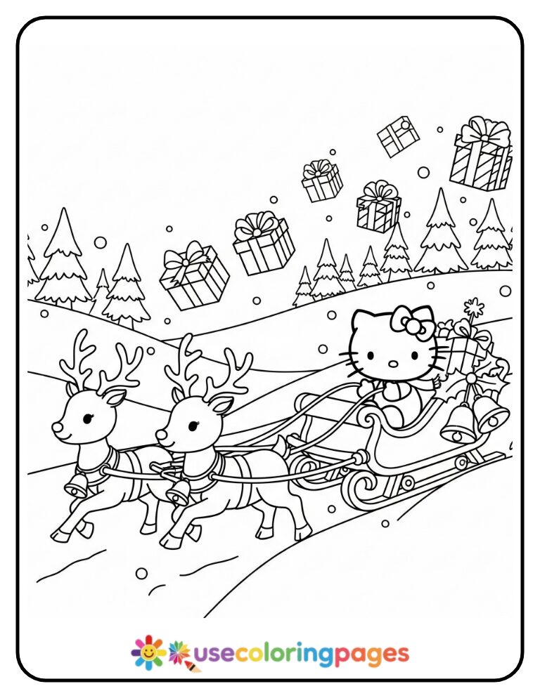 Hello Kitty Riding Reindeer Sleigh Coloring Page