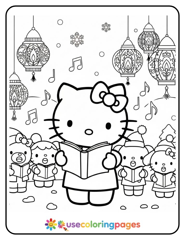 Hello Kitty Singing Christmas Carols Coloring Page
