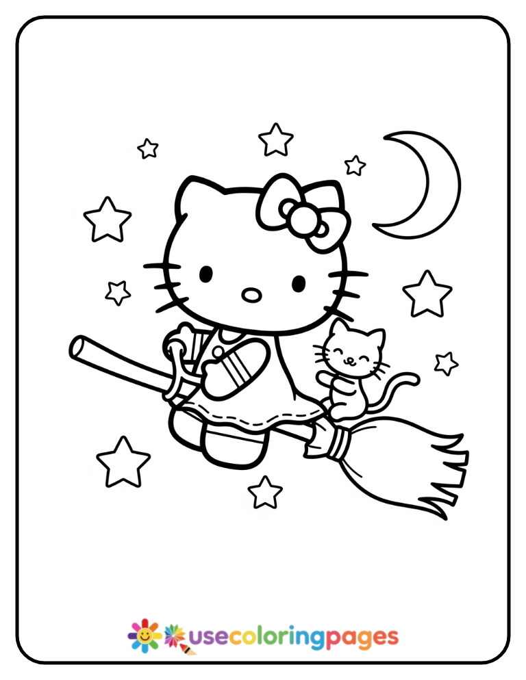 Hello Kitty Sitting On A Broomstick Coloring Page