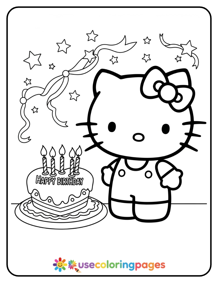 Hello Kitty Sitting by a Birthday Cake Coloring Page