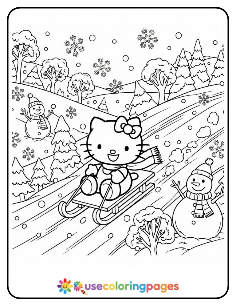 Hello Kitty Sledding Down Snowy Hill Coloring Page