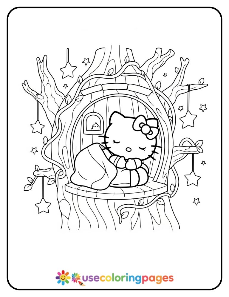 Hello Kitty Sleeping In Magical Treehouse Coloring Page