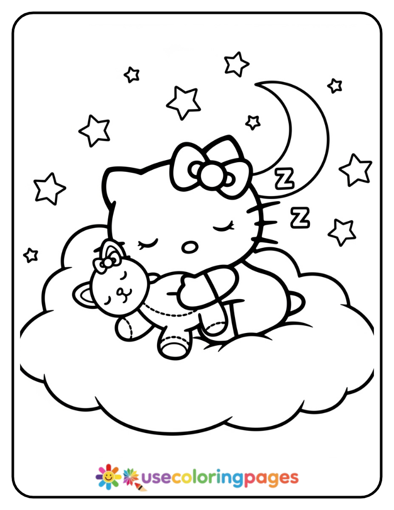 Hello Kitty Sleeping On A Cloud Coloring Page