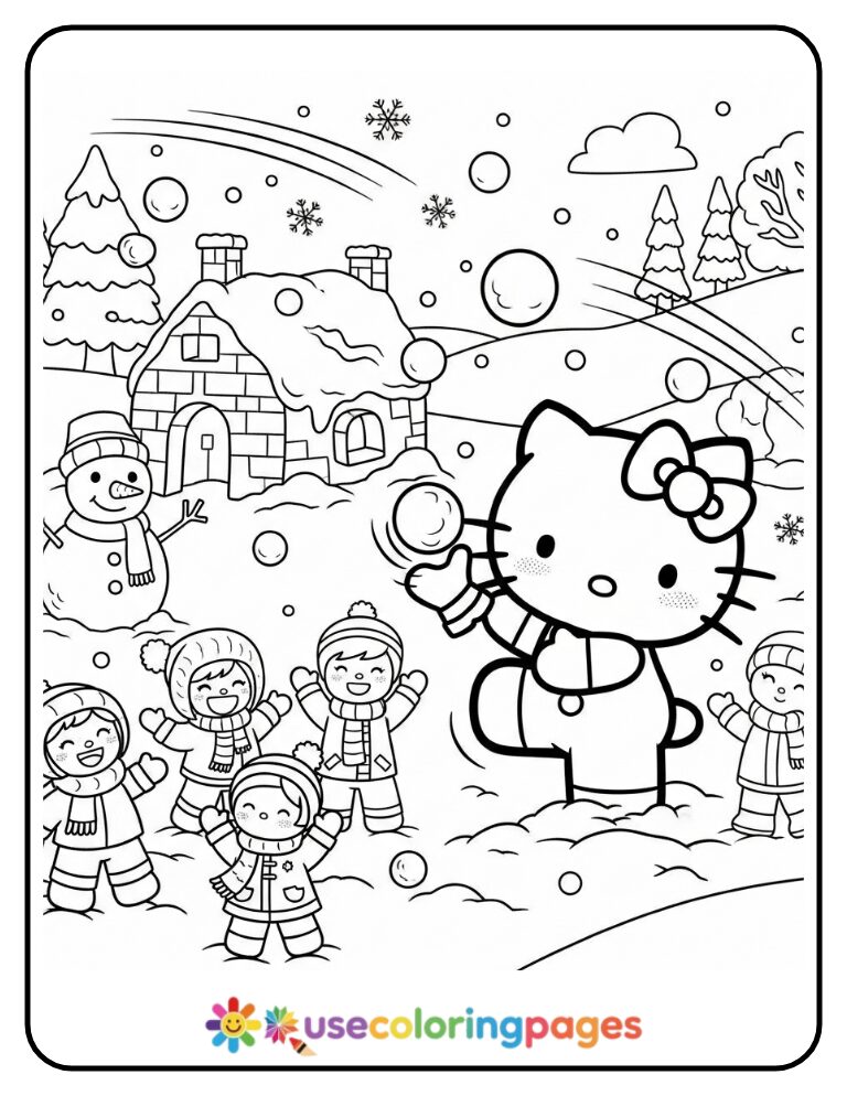 Hello Kitty Snowball Fight With Friends Coloring Page