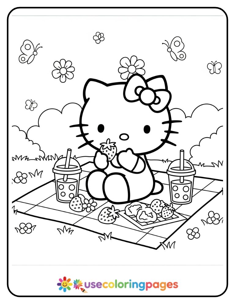 Hello Kitty Spring Picnic Coloring Page For Kids