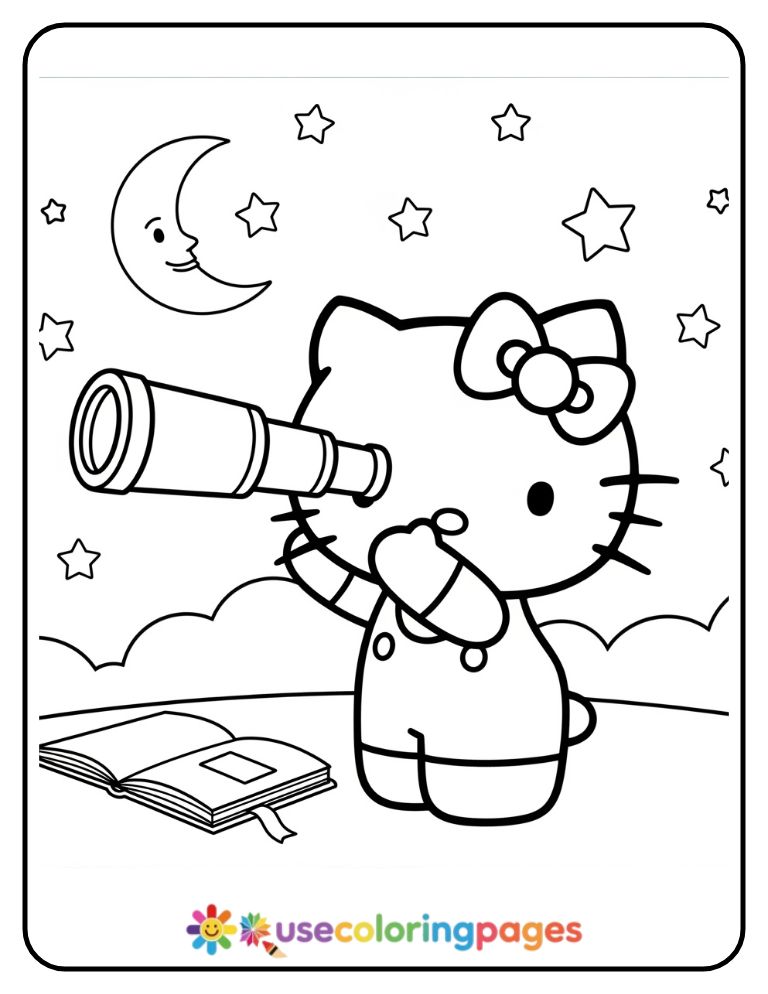 Hello Kitty Stargazing with Telescope Coloring Page