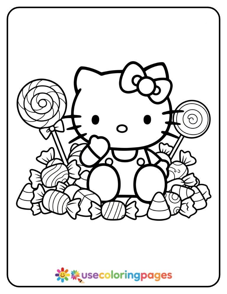 Hello Kitty Surrounded By Candy Coloring Page