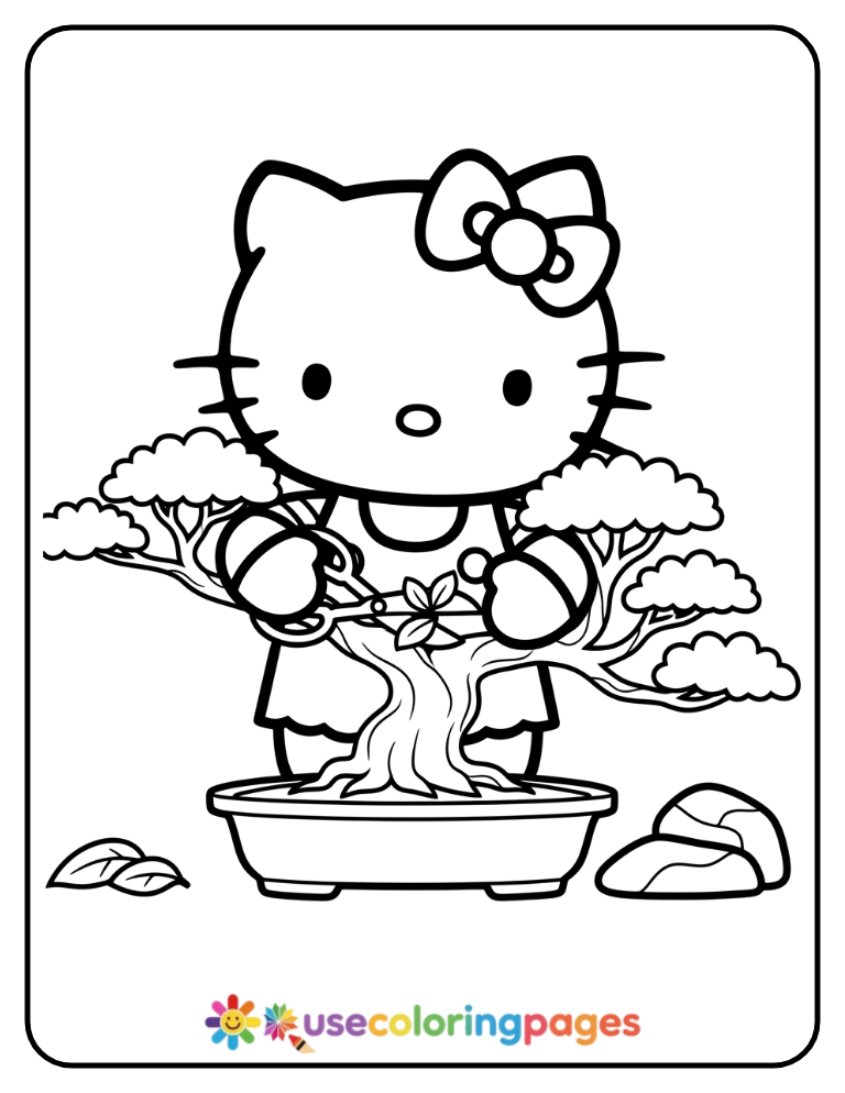 Hello Kitty Tending A Bonsai Tree Coloring Page