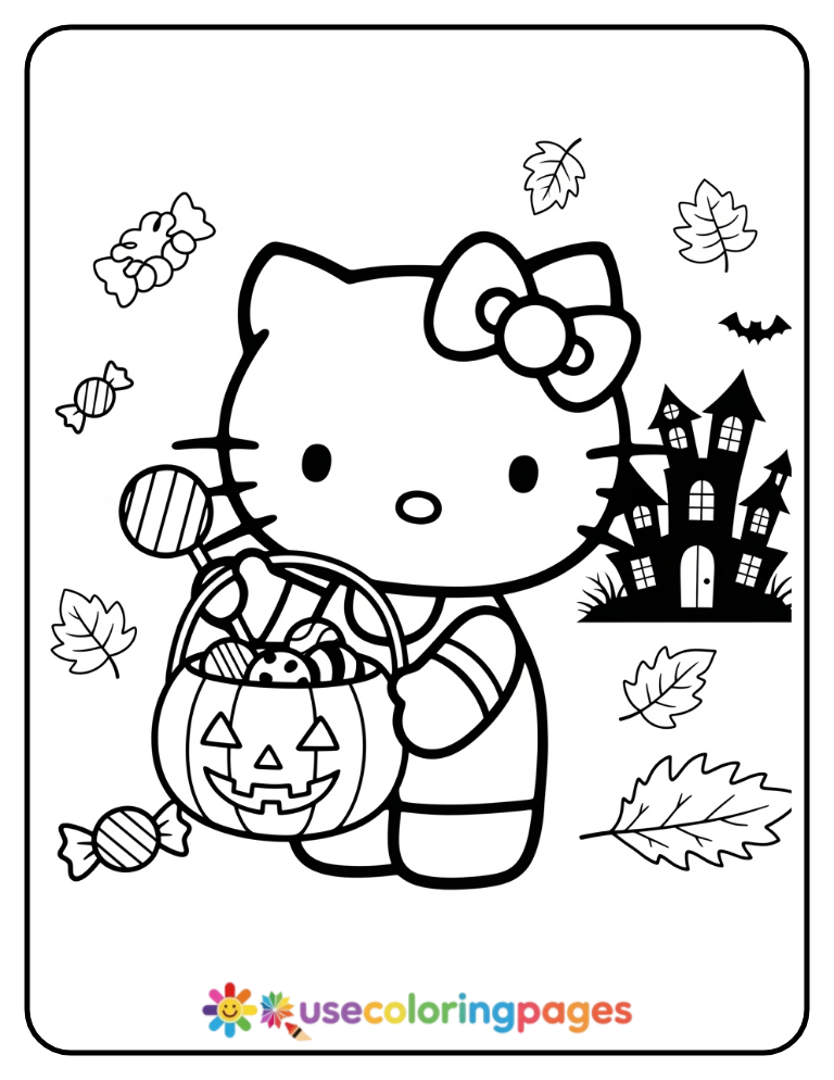 Hello Kitty Trick Or Treating Coloring Page
