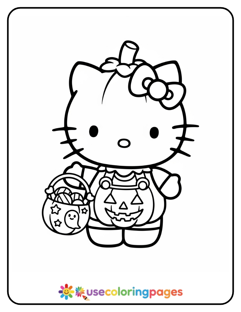 Hello Kitty Trick or Treating Coloring Page
