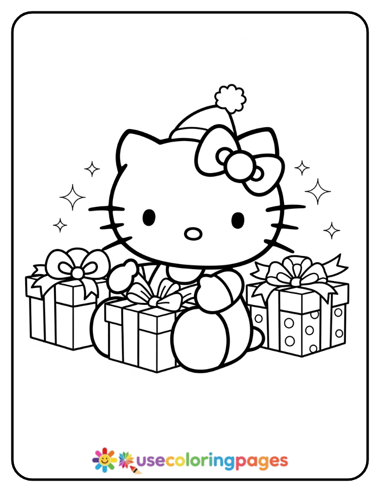 Hello Kitty Unwrapping Presents Coloring Page