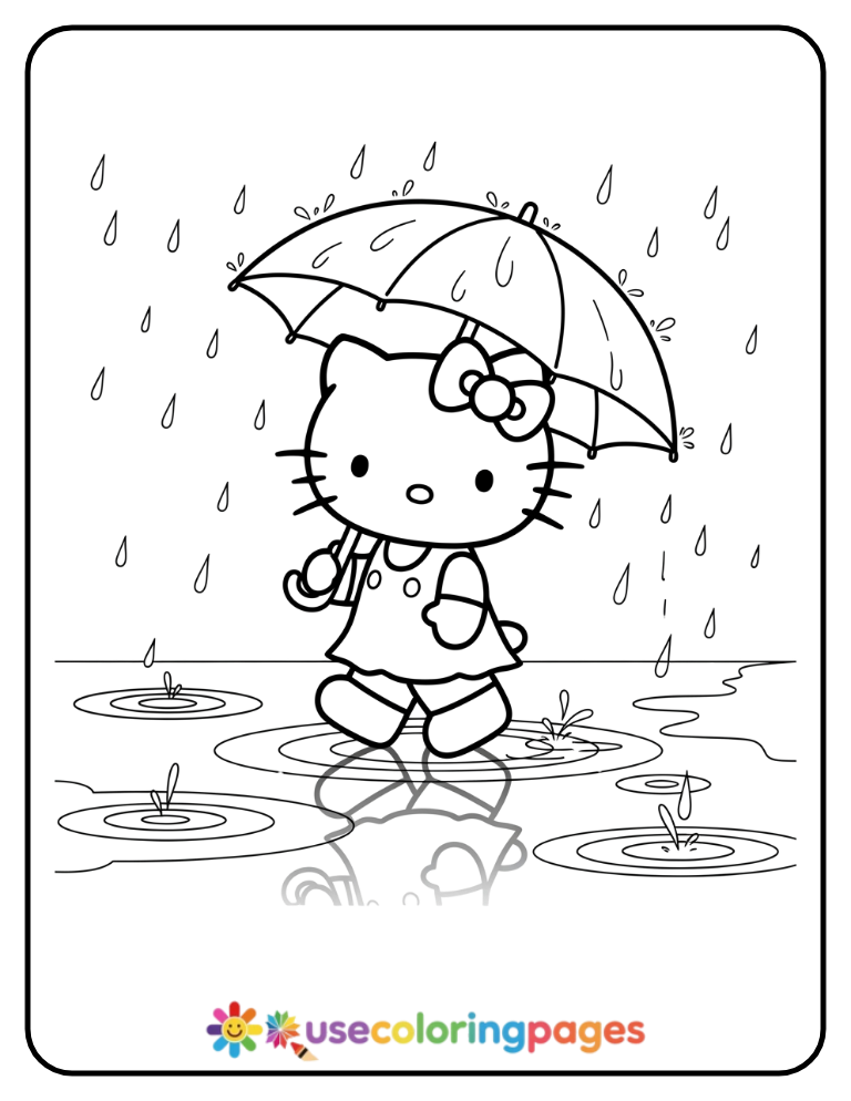 Hello Kitty Walking In The Rain Coloring Page