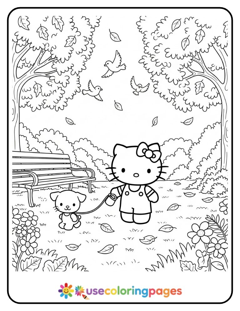 Hello Kitty Walking With Puppy In The Park Coloring Page