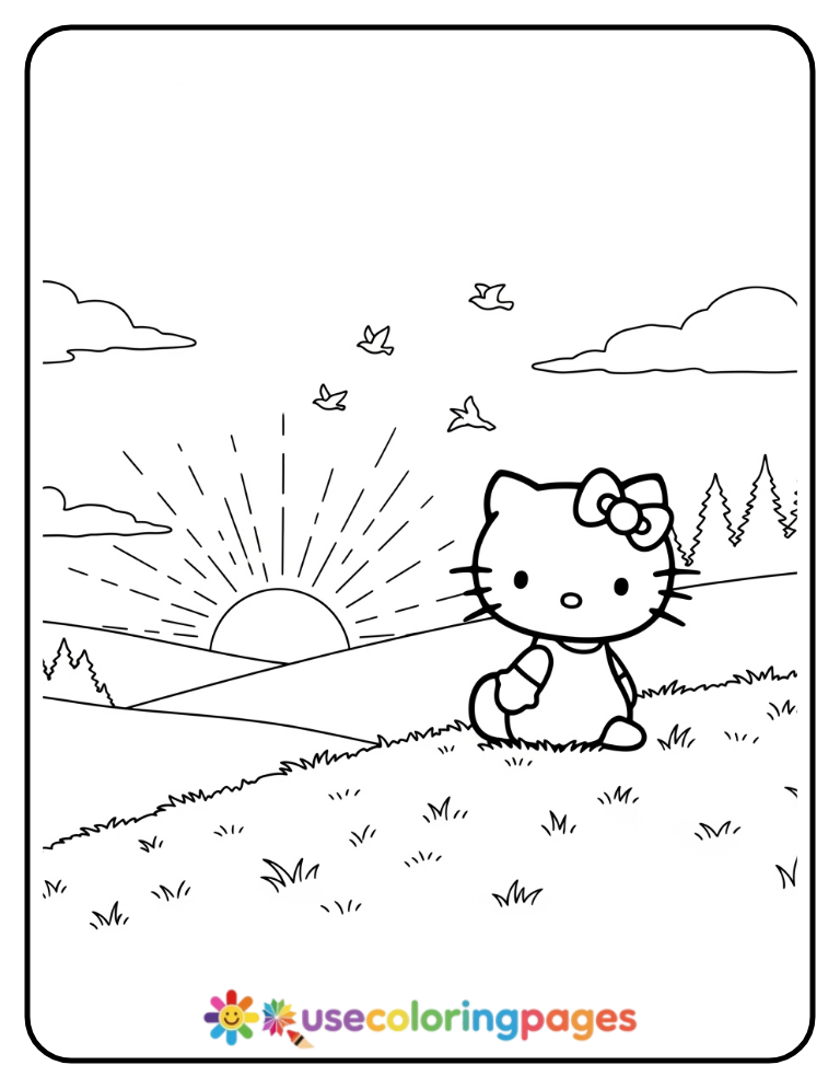 Hello Kitty Watching Sunset Coloring Page
