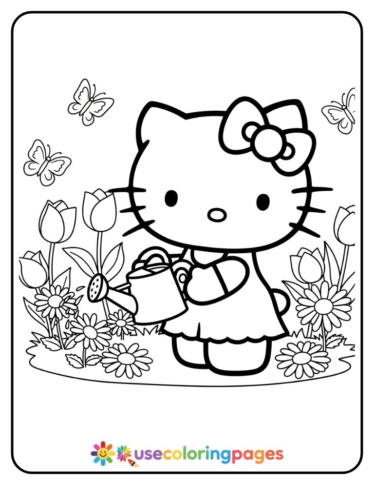 Hello Kitty Watering Flowers Coloring Page For Kids