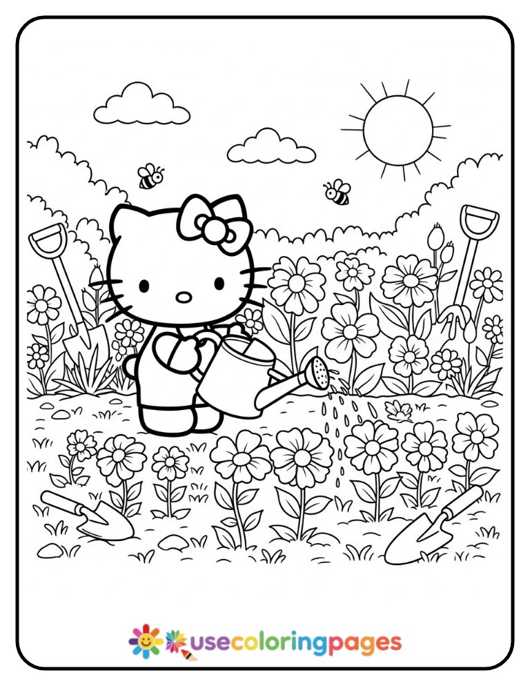 Hello Kitty Watering Her Garden Coloring Page