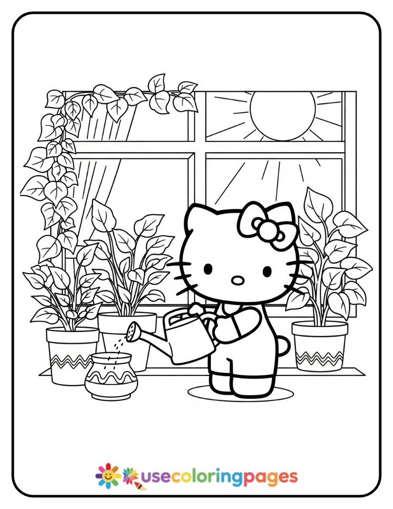Hello Kitty Watering Indoor Plants Coloring Page