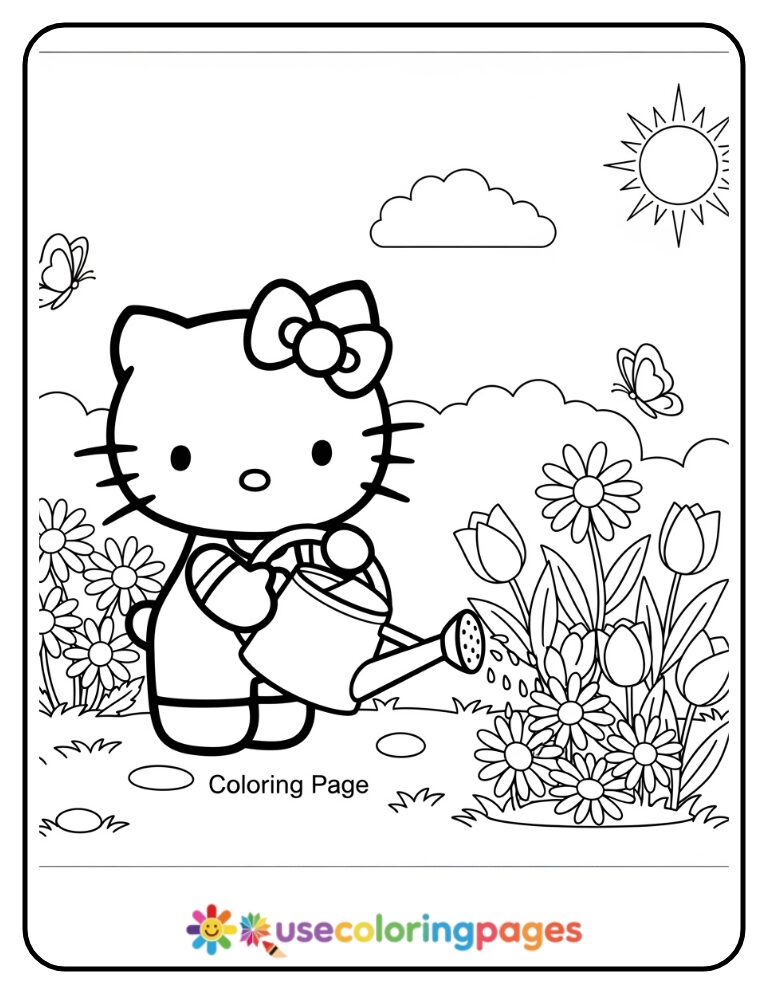 Hello Kitty Watering Spring Flowers Coloring Page