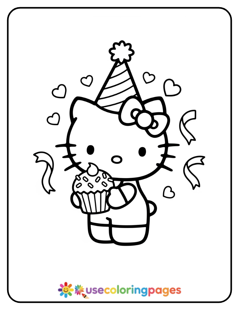 Hello Kitty Wearing Birthday Hat Coloring Page