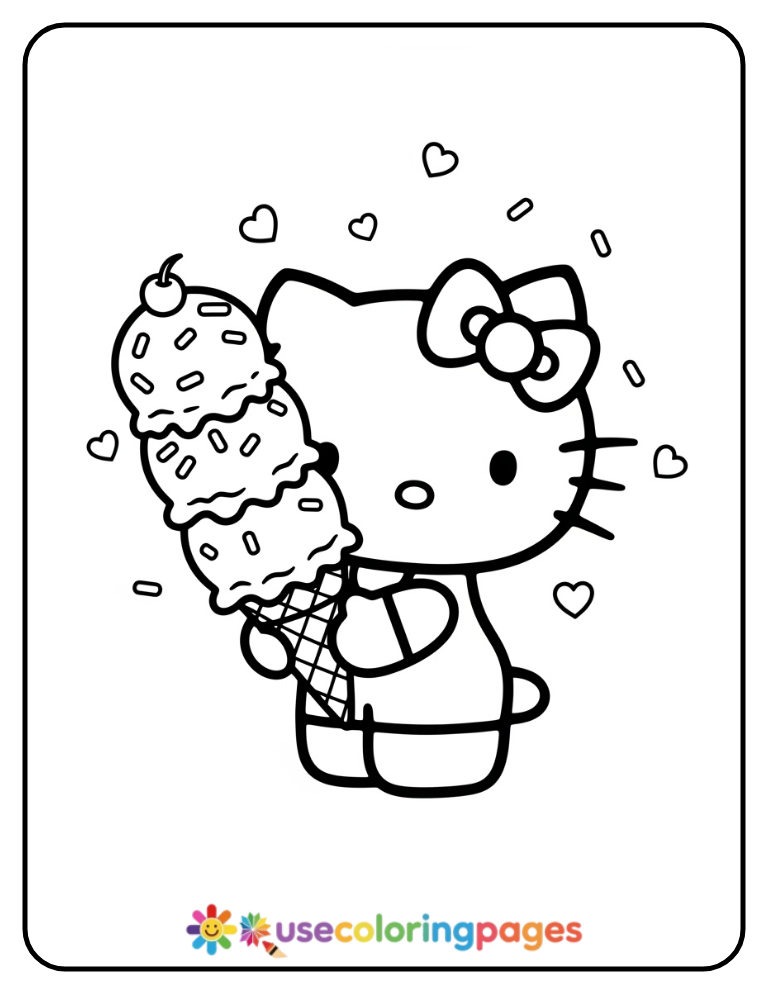 Hello Kitty With A Giant Ice Cream Cone Coloring Page