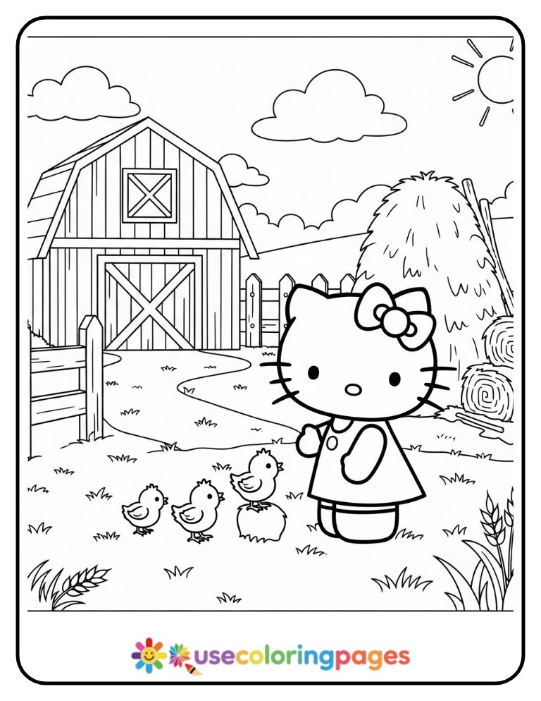 Hello Kitty With Baby Chicks On A Farm Coloring Page