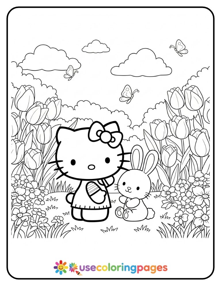 Hello Kitty With Bunny In Flower Garden Coloring Page