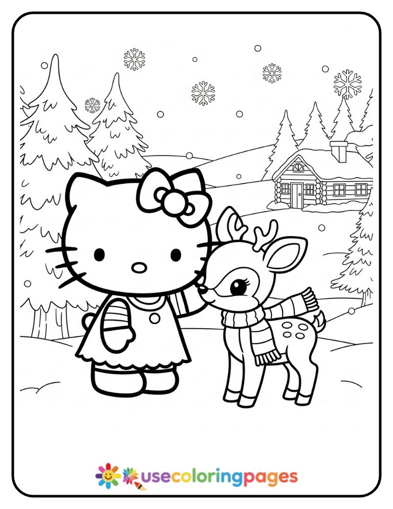 Hello Kitty With Deer In Snowy Forest Coloring Page
