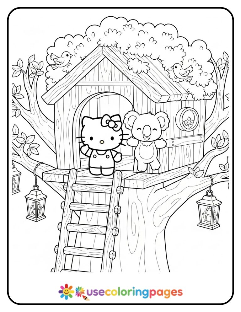 Hello Kitty With Koala In Treehouse Coloring Page