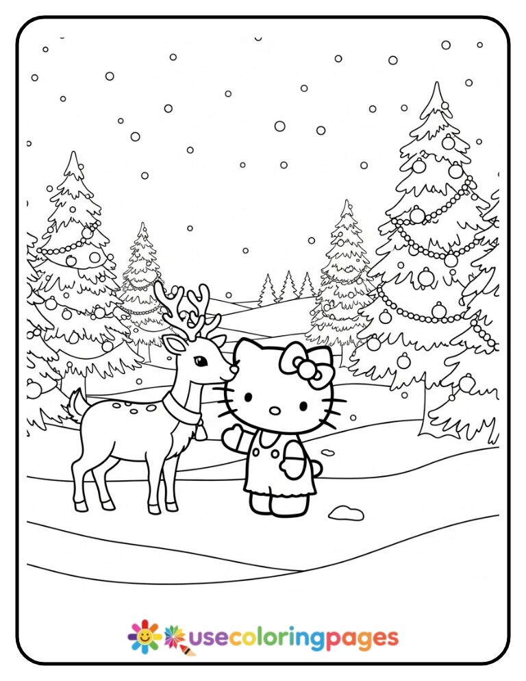 Hello Kitty With Reindeer In Snow Coloring Page
