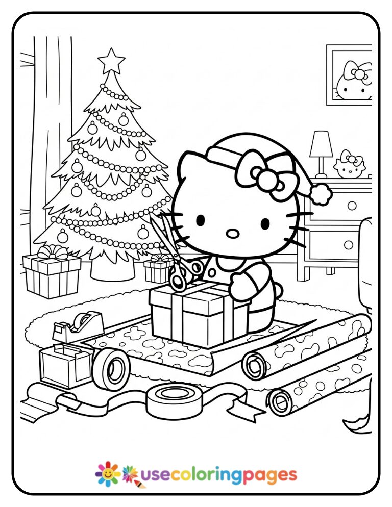 Hello Kitty Wrapping Christmas Presents Coloring Page
