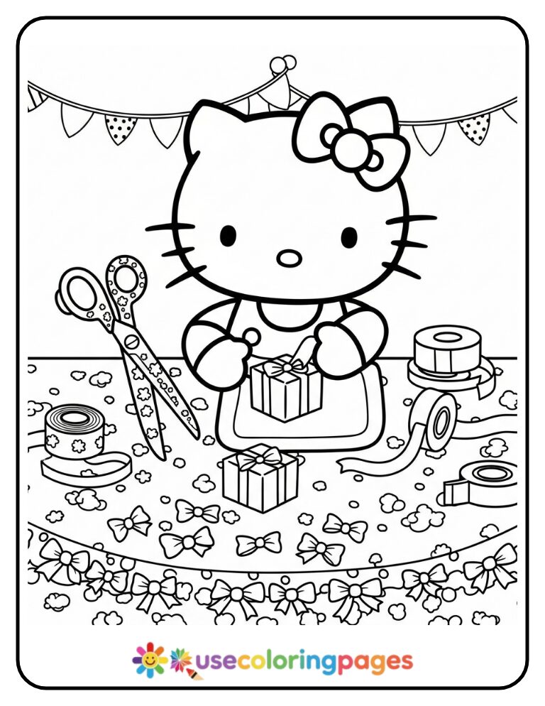 Hello Kitty Wrapping Tiny Christmas Gifts Coloring Page