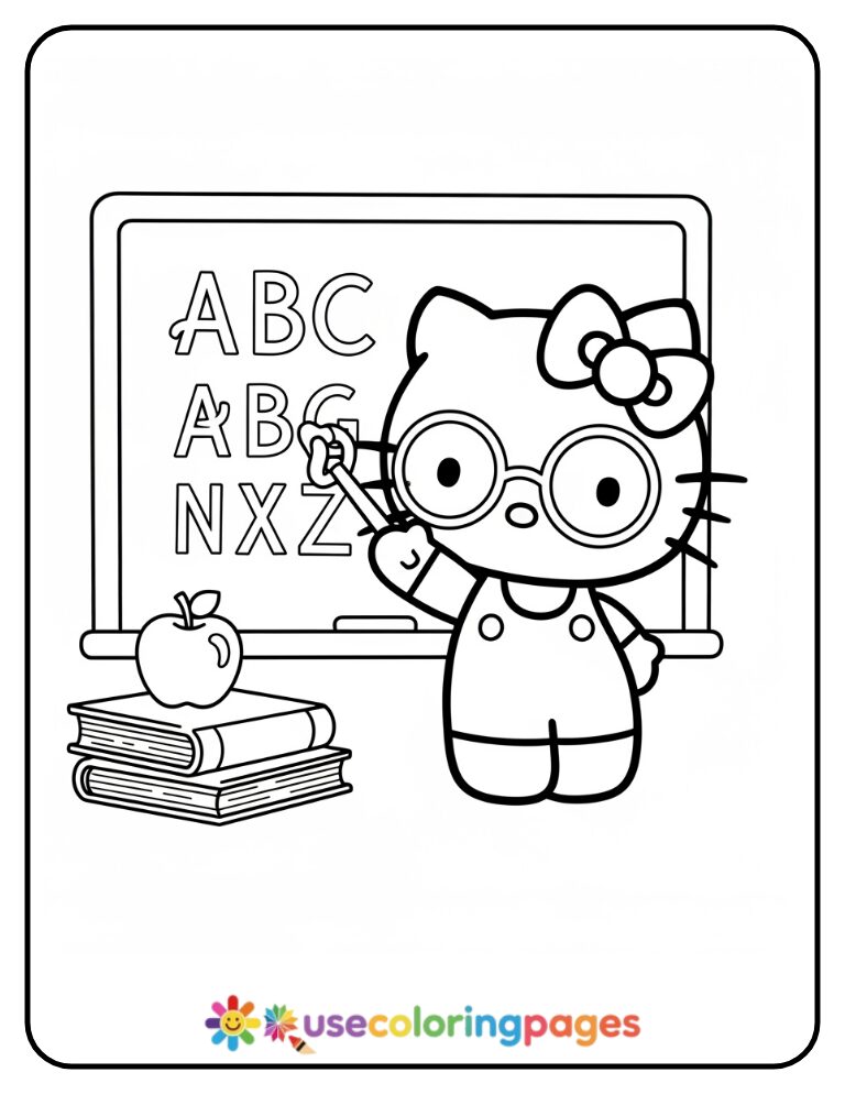 Hello Kitty Writing On Chalkboard Coloring Page