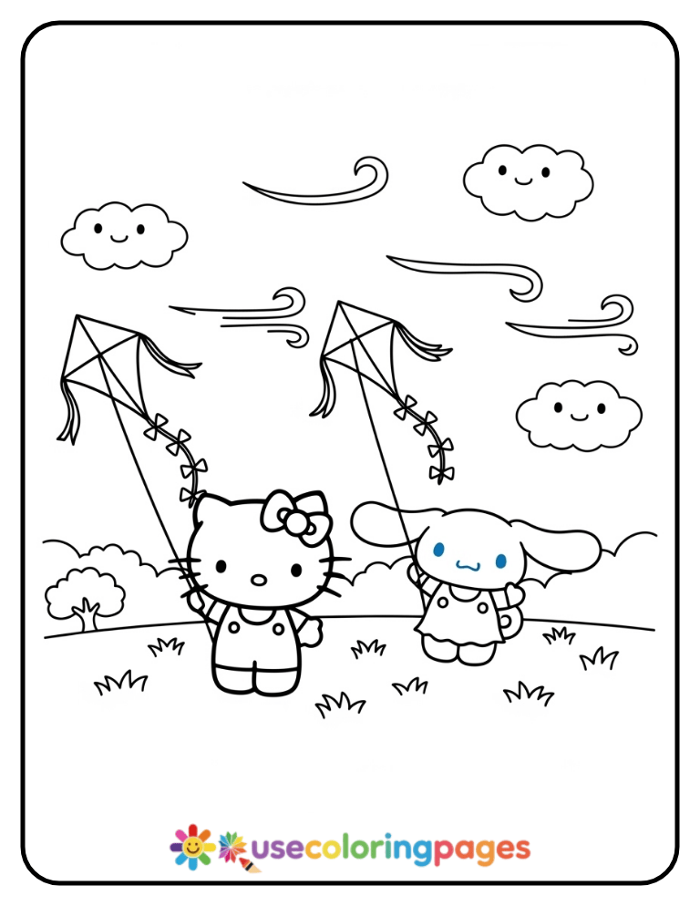 Hello Kitty and Cinnamoroll Flying Kites Coloring Page