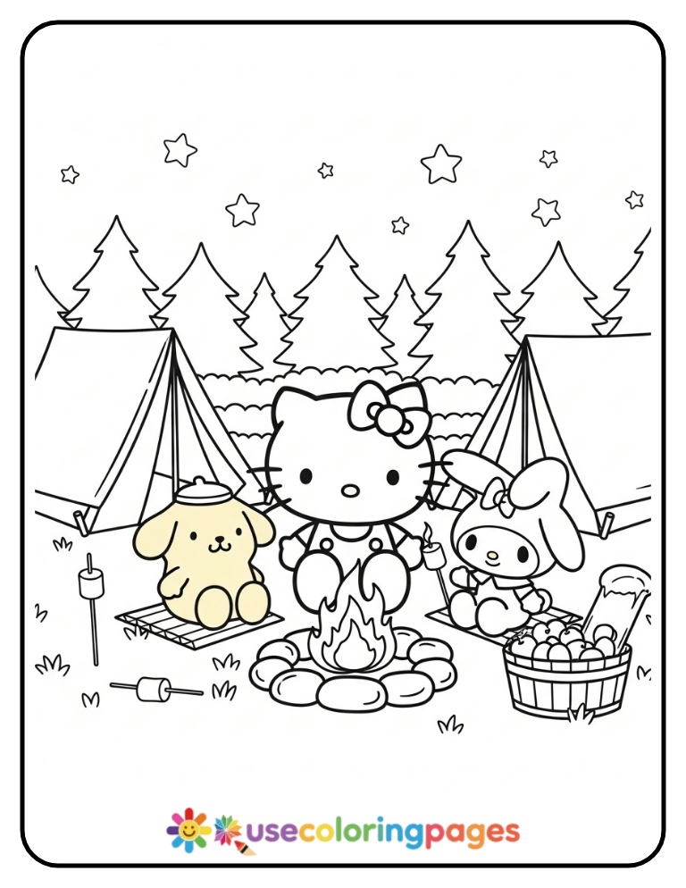 Hello Kitty and Friends Camping Coloring Page